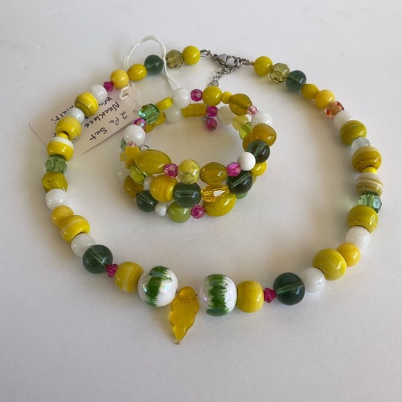 Hand Crafted Necklace Wrap Bracelet Set Yellow Green Multi Mixed Media - Picture 1 of 16